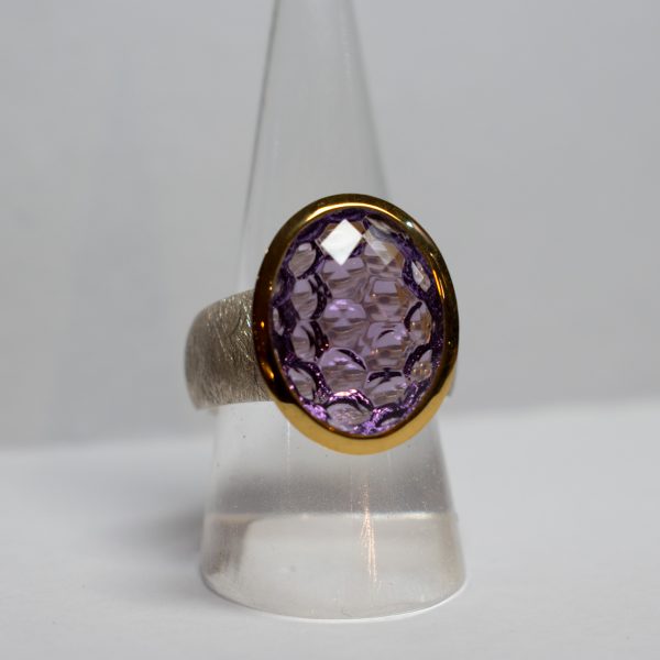 Gold Plated Silver Ring with Honeycomb Amethyst